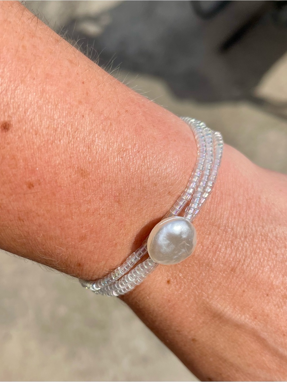 Clear Beaded Wrap Bracelet with White Pearl Accent - Women Jewelry